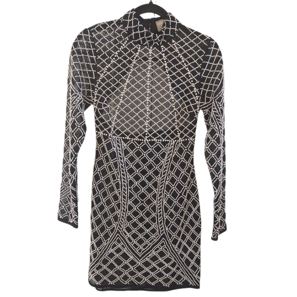 ASOS Black White Mesh and Pearl All Over Embellished Mini Dress. Size US 2